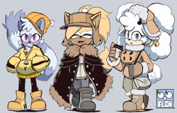 Size: 2048x1311 | Tagged: safe, artist:bobflow1997, lanolin the sheep, tangle the lemur, whisper the wolf, lemur, sheep, wolf, 2025, bag, beanie, coat, coffee, diamond cutters, drink, eyes closed, fangs, female, grey background, hat, holding something, jacket, simple background, smile, trio, ushanka hat, winter outfit