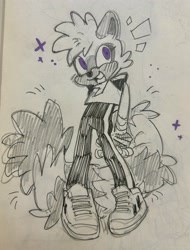 Size: 1560x2048 | Tagged: safe, artist:yuxiel566, tangle the lemur, lemur, 2025, chest fluff, greyscale, hands behind back, line art, monochrome, mouth open, sketch, smile, solo, sparkles, spot color, standing, traditional media