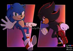Size: 1069x748 | Tagged: safe, artist:jocelynminions, shadow the hedgehog, sonic the hedgehog, hedgehog, duo, gloves, looking at viewer, male, shoes