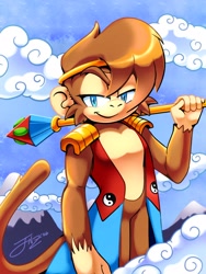 Size: 1536x2048 | Tagged: safe, artist:jovialnightz, monkey khan, monkey, 2026, 35 days sonic, abstract background, clouds, daytime, holding something, lidded eyes, looking at viewer, male, outdoors, scepter, smile, solo, standing, yin-yang symbol