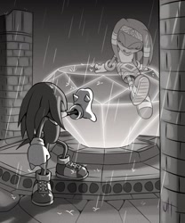 Size: 1707x2048 | Tagged: safe, artist:gamertimeartz, knuckles the echidna, tikal, 2026, 35 days sonic, duo, eyes closed, female, ghost, greyscale, male, master emerald, master emerald shrine, monochrome, outdoors, rain, sitting, smile, standing, treads