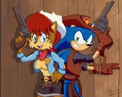 Size: 1200x958 | Tagged: safe, artist:azul35art, sally acorn, sonic the hedgehog, chipmunk, hedgehog, 2025, clothes, cowboy hat, cowboy outfit, duo, english text, female, grin, gun, hat, holding something, looking at viewer, male, open smile, pose, revolver, sally x sonic, sheriff outfit, sheriff star, shipping, shirt, skirt, smile, smiling at viewer, straight, vest, weapon