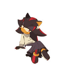 Size: 817x971 | Tagged: safe, artist:neosatins, shadow the hedgehog, 2026, barefoot, bow, clothes, grey background, lidded eyes, looking at viewer, male, pants, simple background, sitting, solo, sweater