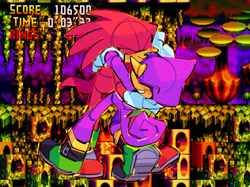 Size: 1316x986 | Tagged: safe, artist:mintywhisker, espio the chameleon, knuckles the echidna, knuckles chaotix, 2026, classic espio, classic knuckles, cute, duo, espio x knuckles, eyes closed, gay, hugging, male, screenshot background, shipping, sketch, smile, standing, treads