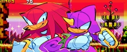 Size: 1231x507 | Tagged: safe, artist:mintywhisker, espio the chameleon, knuckles the echidna, knuckles chaotix, 2026, classic espio, classic knuckles, duo, looking at them, screenshot background, sketch, smile
