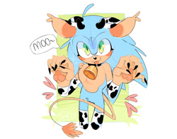 Size: 1754x1372 | Tagged: safe, artist:justashedd, sonic the hedgehog, 2026, bell, blushing, chest fluff, claws, collar, cow outfit, cowbell, crotch fluff, cute, eyelashes, heart, male, paw pose, pawpads, paws, smile, solo, sonabetes, speech bubble, standing, text, tongue out
