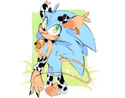 Size: 1754x1372 | Tagged: safe, artist:justashedd, sonic the hedgehog, 2026, backwards v sign, bell, blushing, chest fluff, claws, collar, cow outfit, cowbell, crotch fluff, cute, eyelashes, looking at viewer, male, saliva, smile, solo, sonabetes, sparkles, standing, tag, tongue out, v sign