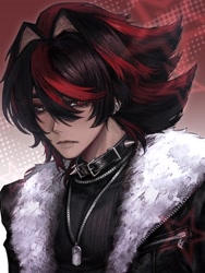 Size: 1536x2048 | Tagged: safe, artist:anno_5591, shadow the hedgehog, human, 2026, clothes, collar, ear piercing, earring, eyeshadow, frown, humanized, jacket, lidded eyes, looking at viewer, male, necklace, partially humanized, shirt, solo, star (symbol)