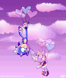 Size: 1000x1181 | Tagged: safe, artist:pikoreto, amy rose, sonic the hedgehog, hedgehog, amybetes, animated, balloon, blushing, cloud, cute, dress, gif, gloves, looking at each other, shoes, signature, smiling, sonabetes, upside down