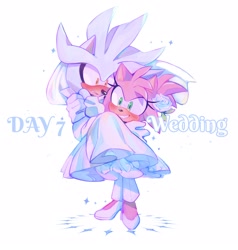 Size: 2000x2100 | Tagged: safe, artist:kamidrop, amy rose, silver the hedgehog, 2023, blushing, carrying them, clothes, crossdressing, duo, english text, femboy, flower, mouth open, rose, shipping, silvamy, simple background, smile, sparkles, standing, straight, text, tomboy, wedding, wedding dress, wedding suit, white background