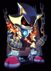 Size: 1483x2048 | Tagged: safe, artist:rikoandtako, metal sonic, 2026, black sclera, chain, fire, flame, looking at viewer, robot, solo, standing