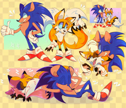 Size: 966x827 | Tagged: safe, artist:plaguedogs123, miles "tails" prower, sonic the hedgehog, fox, hedgehog, 2026, duo, emanata, eyes closed, fur markings, gloves, male, shoes, sleeping, smile, thumbs up, zzz