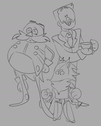Size: 1468x1823 | Tagged: safe, artist:lovely_wayniac, artist:lovelywayniac, agent stone, robotnik, shadow the hedgehog, boots, chest fluff, chipped ear, coffee cup, ear fluff, glasses, gloves, goggles, heels, mustache, redesign, robotnik x stone, sketch, suit, tailcoat, tie