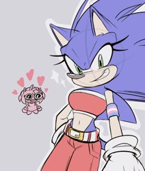 Size: 868x1024 | Tagged: safe, artist:ialehlg, amy rose, sonic the hedgehog, hedgehog, 2026, amy x sonic, belly button, duo, female, flat colors, grey background, half r63 shipping, heart, lesbian, midriff, outline, shipping, simple background, smile, sparkles, standing, trans female, trans girl sonic, transgender