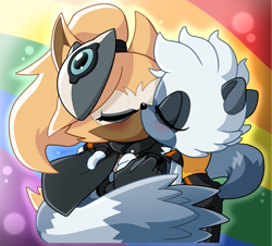 Size: 1045x945 | Tagged: safe, artist:seventeendeer, tangle the lemur, whisper the wolf, lemur, wolf, 2026, blushing, cute, duo, eyes closed, female, kiss, lesbian, pride, pride flag, pride flag background, pride month, rainbow flag, shipping, tail hug, tangabetes, tangle x whisper, whispabetes