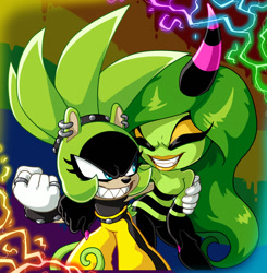 Size: 1164x1186 | Tagged: safe, artist:seventeendeer, surge the tenrec, zeena, 2026, arm around shoulders, clenched teeth, crack shipping, duo, electricity, lesbian, pride, pride flag, pride month, shipping, smile, surge x zeena