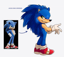 Size: 1633x1457 | Tagged: safe, artist:seventeendeer, sonic the hedgehog, sonic the hedgehog (2020), 2026, arrow, english text, fixing glove, from behind, grey background, looking at viewer, redesign, reference inset, simple background, smile, solo, standing, text