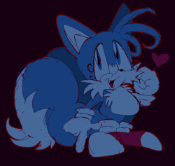 Size: 862x817 | Tagged: safe, artist:bobbutterbutt, miles "tails" prower, oc, oc:blails the fox, fox, 2026, color swap, cute, eyelashes, fur markings, heart, ocbetes, one fang, open smile, outline, pointing, red background, simple background, sketch, smile, solo, standing