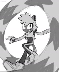 Size: 1280x1550 | Tagged: safe, artist:city-escaped, tangle the lemur, lemur, 2026, arms out, clenched teeth, female, greyscale, grin, long tail, looking at viewer, monochrome, simple background, smile, solo, white background