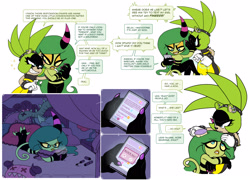 Size: 2048x1476 | Tagged: safe, artist:seventeendeer, surge the tenrec, zeena, 2025, bed, brush, brushing, brushing hair, crack shipping, dialogue, duo, electricity, english text, frown, hugging, lesbian, lidded eyes, nail varnish, phone, pillow, shipping, simple background, smile, speech bubble, surge x zeena, talking, text, white background