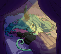 Size: 1348x1192 | Tagged: safe, artist:seventeendeer, zeena, 2026, angry, bed, clenched teeth, frown, holding something, looking offscreen, lying down, lying on side, one fang, pillow, solo, squinting