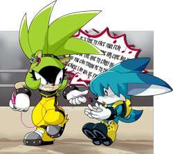 Size: 1805x1603 | Tagged: safe, artist:seventeendeer, kit the fennec, surge the tenrec, 2026, clenched teeth, duo, headphones, listening to music, looking at something, looking at them, music, smile, standing, text, treads