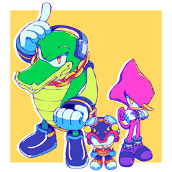 Size: 2000x2000 | Tagged: safe, artist:marimitz, charmy bee, espio the chameleon, vector the crocodile, 2026, arms folded, border, hand on head, looking at viewer, outline, smile, team chaotix, trio