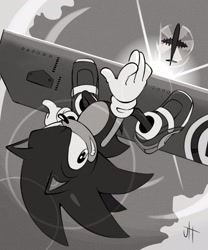 Size: 1707x2048 | Tagged: safe, artist:gamertimeartz, sonic the hedgehog, hedgehog, sonic adventure 2, 2026, 35 days sonic, board, clenched teeth, clouds, daytime, falling, flat colors, greyscale, helicopter, lens flare, looking at viewer, male, mi-24 hind, mid-air, monochrome, outdoors, redraw, signature, smile, soap shoes, solo, sun, upside down, vehicle