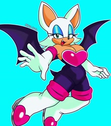 Size: 1792x2048 | Tagged: safe, artist:auto_yeah, rouge the bat, bat, 2026, blue background, cleavage, eyelashes, female, lidded eyes, looking at viewer, mouth open, one fang, open smile, outline, reaching towards the viewer, signature, simple background, smile, smiling at viewer, solo, white outline