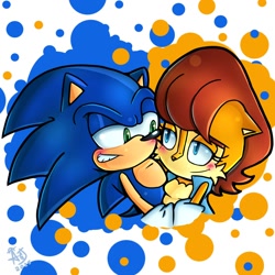 Size: 1200x1200 | Tagged: safe, artist:astromer_art, sally acorn, sonic the hedgehog, chipmunk, hedgehog, 2025, blushing, duo, female, grin, holding hands, looking at each other, male, sally x sonic, sally's vest and boots, shipping, simple background, smile, smiling at each other, straight, valentine's day