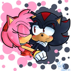 Size: 1200x1200 | Tagged: safe, artist:astromer_art, amy rose, shadow the hedgehog, hedgehog, 2025, amy x shadow, blushing, duo, eyes closed, female, holding hands, kiss, looking at them, male, shipping, simple background, smile, smiling at them, straight, valentine's day