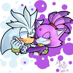 Size: 1200x1200 | Tagged: safe, artist:astromer_art, blaze the cat, silver the hedgehog, cat, hedgehog, 2025, blaze x silver, blushing, duo, eyes closed, female, hand on another's back, holding hand, looking at them, male, shipping, simple background, smile, smiling at them, straight, valentine's day