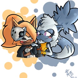 Size: 1200x1200 | Tagged: safe, artist:astromer_art, tangle the lemur, whisper the wolf, lemur, wolf, 2025, blushing, duo, eyes closed, female, holding hands, lesbian, looking at them, shipping, simple background, smile, smiling at them, tangle x whisper, valentine's day