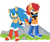 Size: 2400x2000 | Tagged: safe, artist:syrcaii, sally acorn, sonic the hedgehog, oc, oc:maurice the hedgehog (syrcaii), chipmunk, hedgehog, 2022, alternate universe, au:resonance, duo, female, looking offscreen, nonbinary, rock, sally x sonic, sally's ringblader outfit, shipping, simple background, sitting, white background