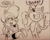 Size: 1280x1016 | Tagged: safe, artist:chauvels, sally acorn, sonic the hedgehog, chipmunk, hedgehog, 2015, archie sonic the hedgehog, black and white, chair, dialogue, duo, english text, eyes closed, female, happy, looking at them, male, sally x sonic, sally's ringblader outfit, shipping, simple background, sitting, speech bubble, straight, traditional media