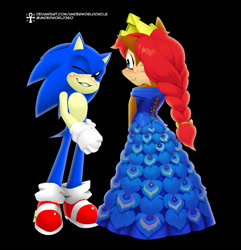 Size: 772x801 | Tagged: safe, artist:underworldcircle, sally acorn, sonic the hedgehog, chipmunk, hedgehog, 2026, black sclera, dress, duo, eyes closed, female, grin, looking at each other, male, redraw, sally x sonic, shipping, simple background, smile, smiling at each other, standing, straight, tiara