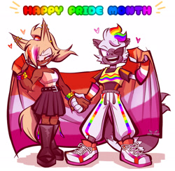 Size: 2048x2010 | Tagged: safe, artist:rodycruor, tangle the lemur, whisper the wolf, 2026, alternate outfit, cute, duo, dyed hair, english text, gay pride, heart, holding hands, holding something, lesbian, lesbian pride, pride, pride flag, pride month, shipping, smile, standing, tangle x whisper, text