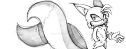 Size: 1024x401 | Tagged: safe, artist:batmancho, miles "tails" prower, 2026, frown, lidded eyes, line art, looking at viewer, monochrome, simple background, solo, standing, white background