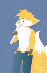 Size: 1632x2500 | Tagged: safe, artist:jazzax, miles "tails" prower, 2017, aged up, belt, brown gloves, fingerless gloves, gloves, holding something, jeans, lineless, looking at viewer, pants, smile, solo, topless