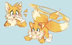 Size: 1911x1193 | Tagged: safe, artist:izzy-paw, miles "tails" prower, 2022, blue background, cute, eyewear on head, flying, goggles, goggles on head, mouth open, one fang, open smile, simple background, smile, solo, spinning tails, tailabetes