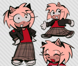 Size: 1316x1120 | Tagged: safe, artist:amydaily, amy rose, 2026, alternate outfit, amybetes, brown shoes, clothes, cute, jacket, shirt, shoes, sketch, skirt, smile, solo, striped background