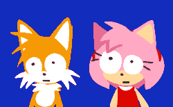 Size: 1805x1110 | Tagged: safe, artist:amydaily, amy rose, miles "tails" prower, fox, hedgehog, 2026, :|, amy's halterneck dress, animated, blue background, dress, duo, female, frown, gif, lineless, looking at each other, looking offscreen, male, no outlines, simple background