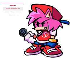 Size: 1174x936 | Tagged: safe, artist:amydaily, amy rose, 2026, backwards cap, boyfriend (friday night funkin'), cap, clothes, cosplay, crossover, crossover cosplay, english text, friday night funkin, hand in pocket, hat, holding something, jeans, looking offscreen, microphone, pants, shirt, shoes, simple background, smile, solo, straw.page, style emulation, text, white background