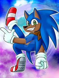 Size: 600x800 | Tagged: safe, artist:rainbowlilyartist, sonic the hedgehog, sonic adventure, 2026, bandana, dark skin, deviantart watermark, looking at viewer, obtrusive watermark, outline, pointing, posing, redraw, smile, solo, treads, watermark