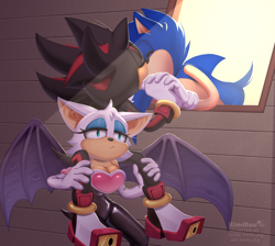 Size: 3456x3092 | Tagged: safe, artist:himitsu_png, rouge the bat, shadow the hedgehog, sonic the hedgehog, 2023, carrying them, eyes closed, frown, gay, holding hands, kiss, lidded eyes, meme, riding on shoulders, shadow x sonic, shipping, signature, third wheel, trio, window