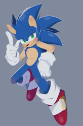 Size: 1920x2935 | Tagged: safe, artist:cybr0memphis, sonic the hedgehog, hedgehog, 2023, blushing, blushing knees, grey background, lidded eyes, lineless, looking at viewer, male, pointing, shoulder fluff, signature, simple background, solo