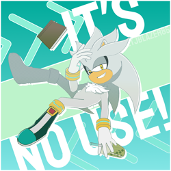 Size: 1280x1280 | Tagged: safe, artist:tjblazer85, silver the hedgehog, hedgehog, 2026, book, border, drink, english text, holding something, it's no use, lidded eyes, male, meme, smile, solo, text