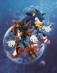 Size: 1280x1646 | Tagged: safe, artist:candycatstuffs, shadow the hedgehog, sonic the hedgehog, sonic adventure 2, sonic x, 2026, abstract background, anniversary, duo, earth, frown, looking at viewer, moon, planet, posing, redraw, smile, space