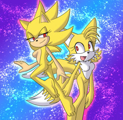 Size: 1280x1244 | Tagged: safe, artist:angelofhapiness, miles "tails" prower, sonic the hedgehog, super sonic, super tails, 2026, abstract background, barefoot, breasts, duo, featureless breasts, flying, gender swap, gloves off, lidded eyes, looking at each other, mid-air, smile, super form