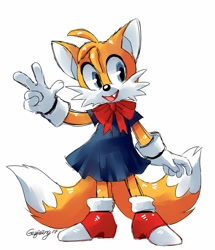 Size: 800x931 | Tagged: safe, artist:genjoany, miles "tails" prower, 2017, bow, clothes, crossdressing, dress, femboy, heels, mouth open, one fang, ribbon, signature, simple background, smile, solo, v sign, white background